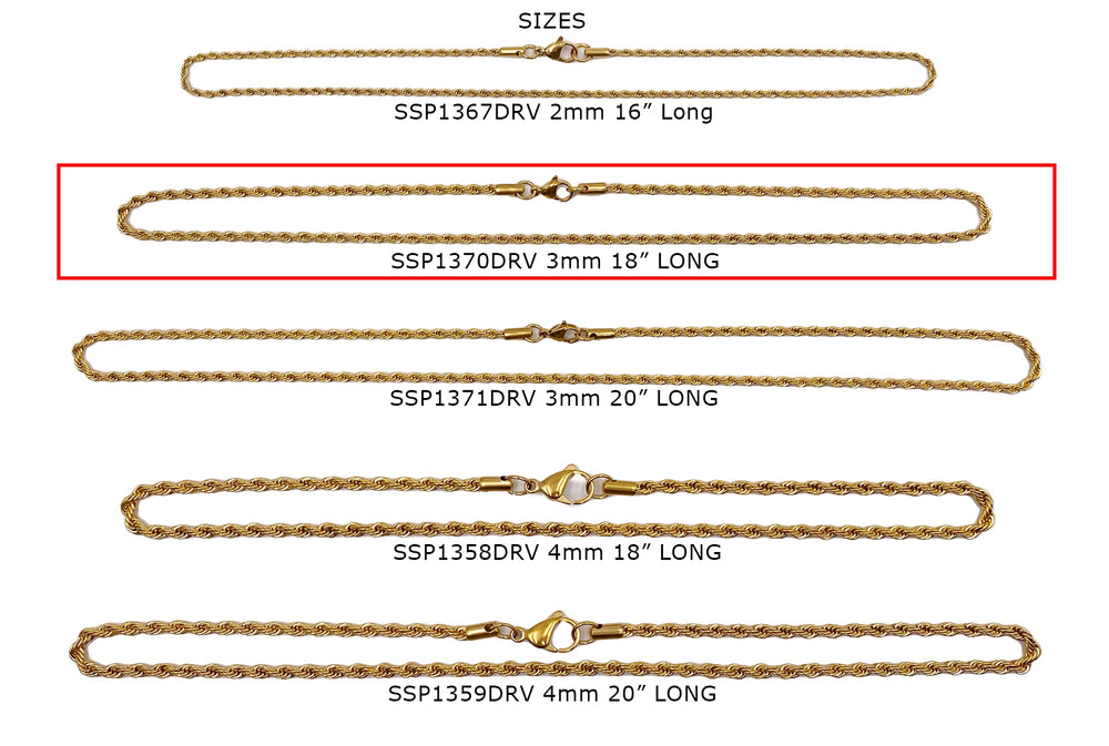 SSP1370DRV  Vacuum Plated 3mm Rope Chain Necklace 18" CHOOSE COLOR BELOW