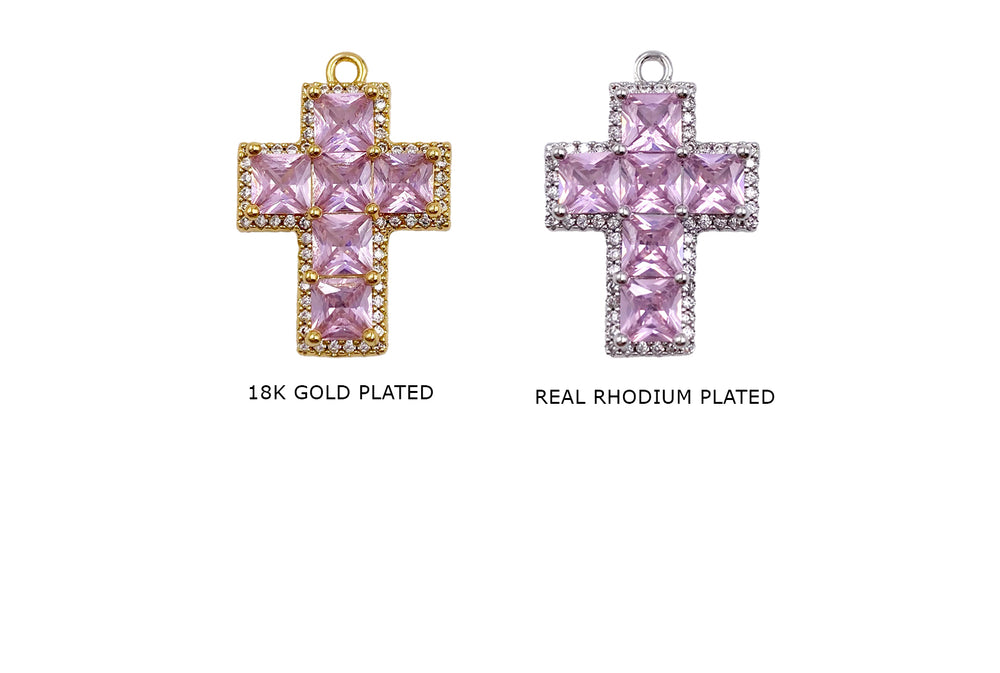 CB2041 Cubic Zirconia Cross Pink  Charm/Pendant 18mmx26mm