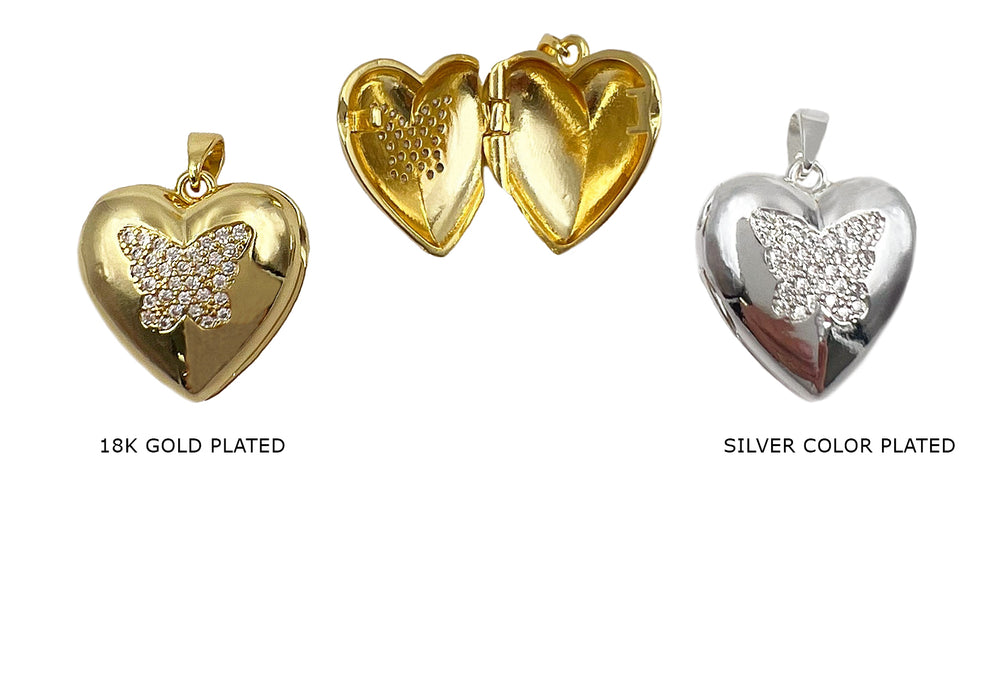 CB2069 Heart Locket With CZ Butterfly 18.5mmx19mm
