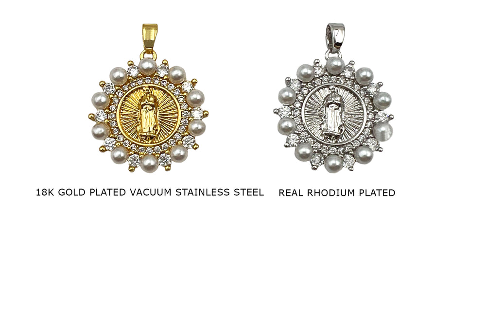 CB2080 Virgin Mary Pearl Cubic Zirconia Round Charm - Pendant