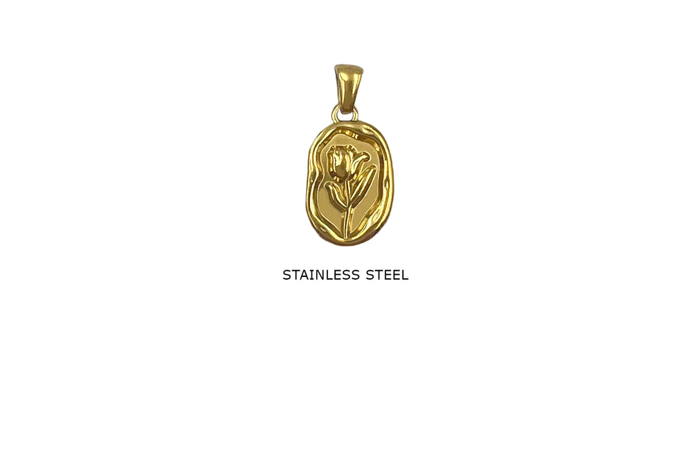 CS1094  Stainless Steel Oval Coin Flower Charm/Pendant