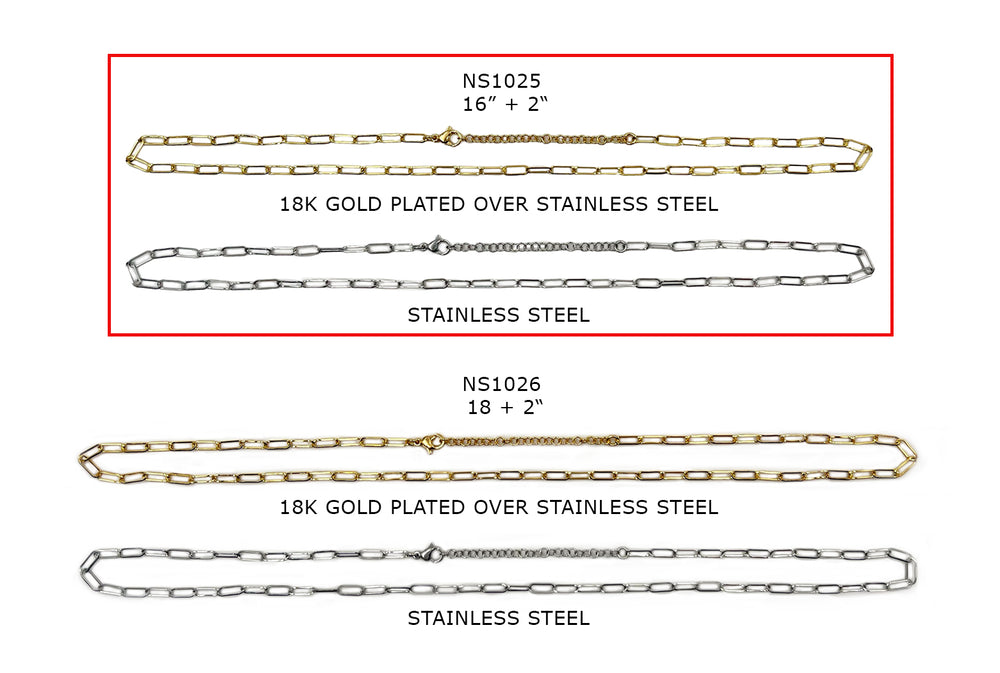 NS1025 Stainless Steel Paper Clip Chain Necklace 16"