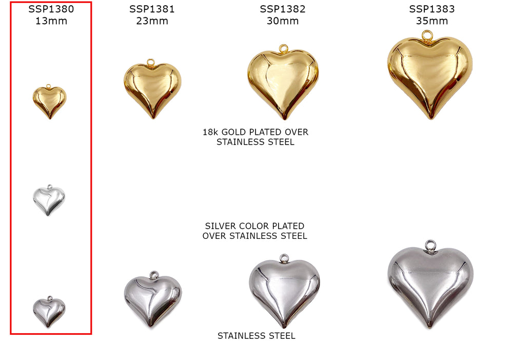 SSP1380  Stainless Steel Puffy Heart Pendant Charm 13mm