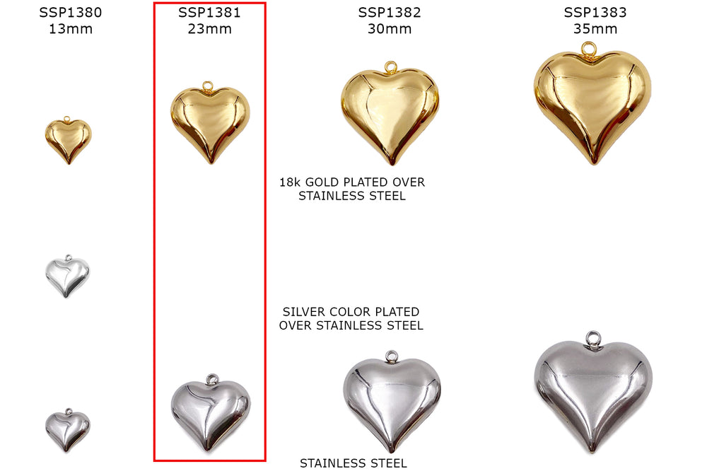 SSP1381  Stainless Steel Puffy Heart Pendant Charm 23mm