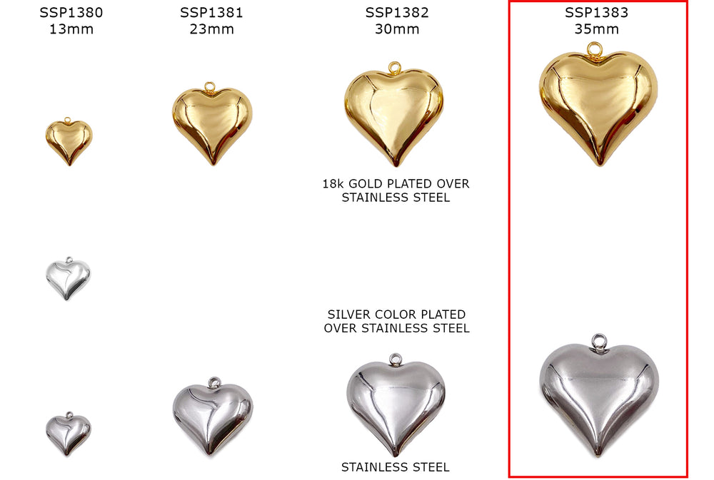 SSP1383  Stainless Steel Puffy Heart Pendant Charm 35mm