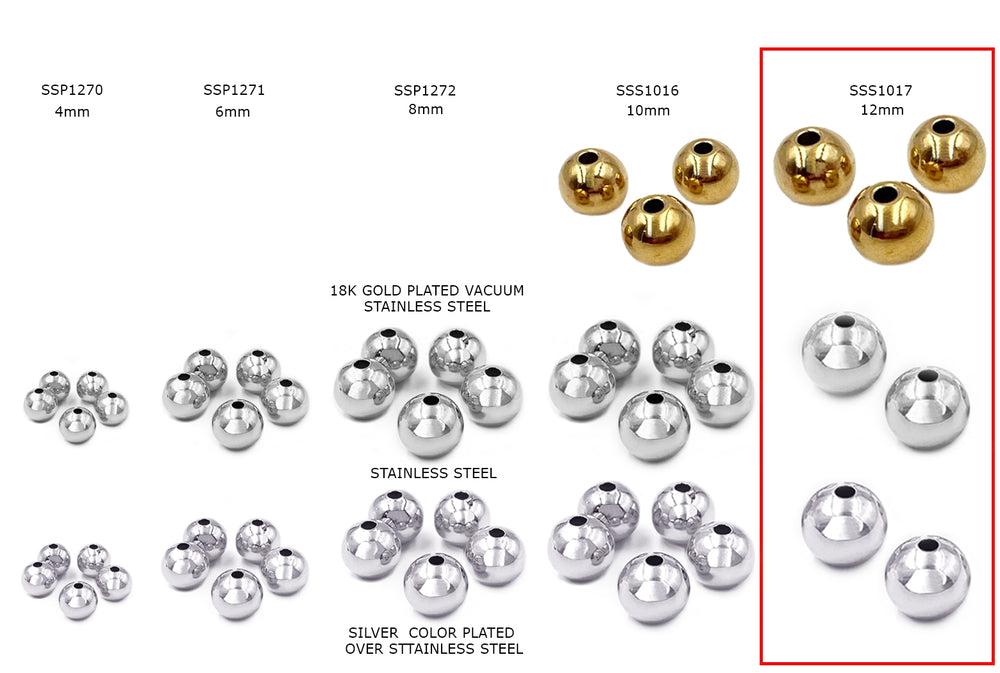 SSS1017  Stainless Steel 12mm Round Spacer Bead