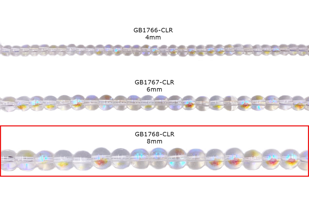 GB1768-CLR  8MM Clear Iridescent Round Smooth Glass Beads