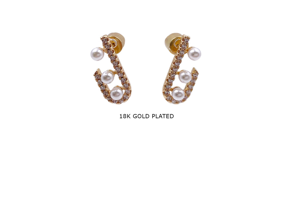 MP4242 18k Gold Plated J Shaped Pearl Earring With CZ Stones