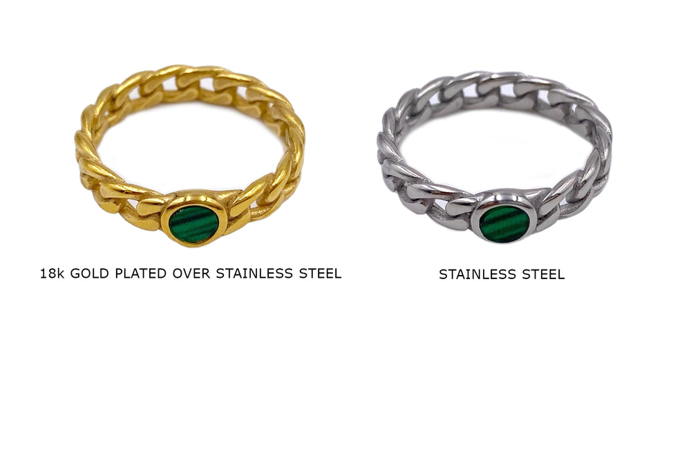 SSP1349 Stainless Steel Malachite Chain Ring - Curb Chain Rings