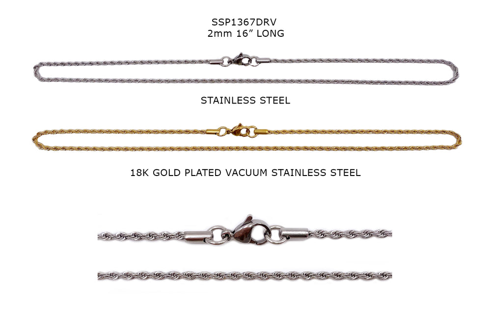  Vacuum Plated 2mm Rope Chain Necklace 16” long in stainless steel and 18k gold pated vacuum stainless steel