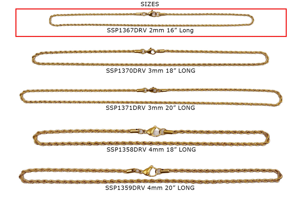 SSP1367DRV  Vacuum Plated 2mm Rope Chain Necklace 16” CHOOSE COLOR BELOW